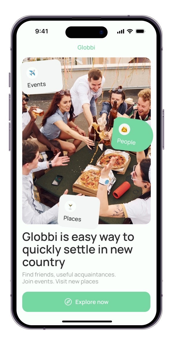 Globbi app showing picture of people having fun along with details about Globbi