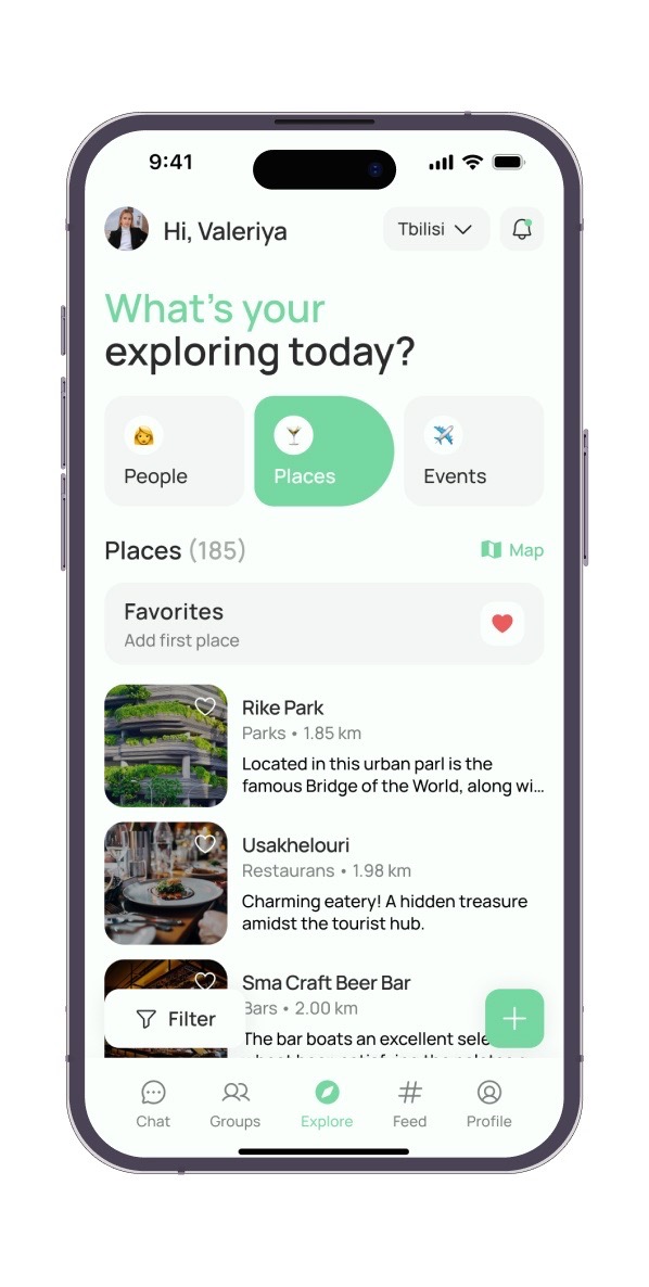 Globbi app showing event categories and filters