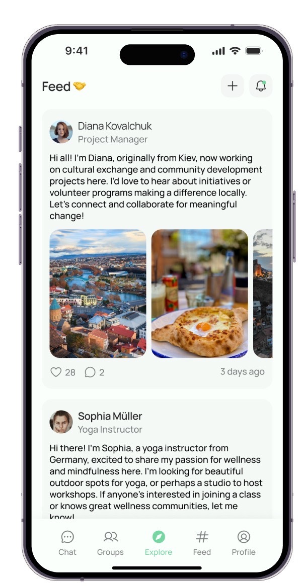 Globbi app feed list showing community posts